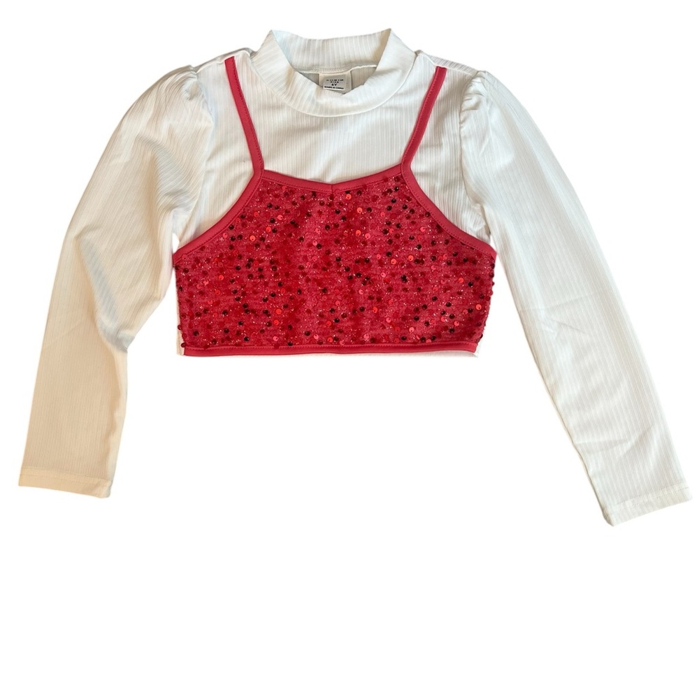 ✨5/$25 SHEIN Pink Sequin Crop Top with White Long Sleeve, Size 6